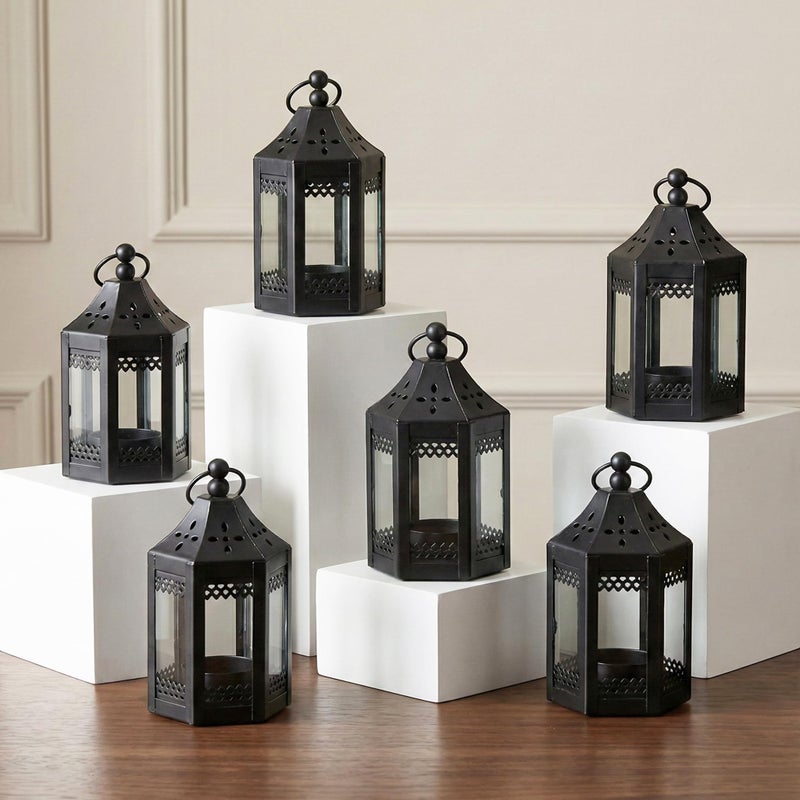 VELA LANTERNS 6pc Mini Small 4.5 Inch Metal Moroccan Lanterns Decorative Candle Tealight Holders for Centerpieces, Ramadan, Home Decor, Weddings, Black - Image 1